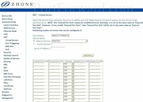 Zhone 6518-A1-xx Virtual Servers Add