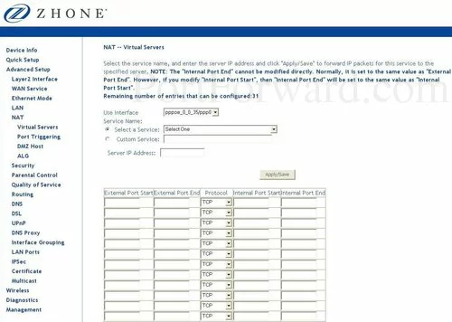 Zhone 6718-W1-EUB Virtual Servers Add