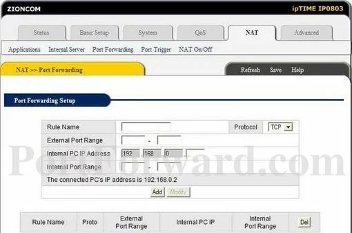 Zioncom IP0803 port forward