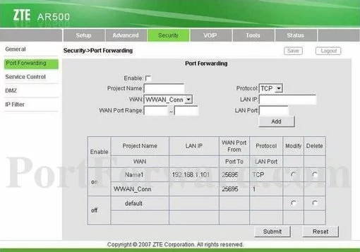 ZTE AR550 port forward