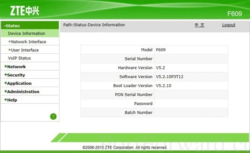 ZTE F609 Device Information