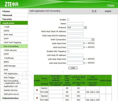 ZTE F609 Port Forwarding