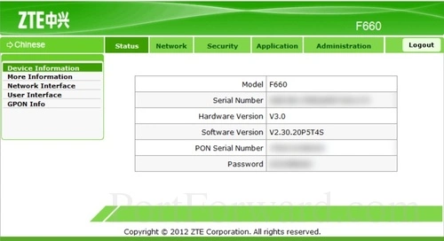 ZTE F660 Device Information