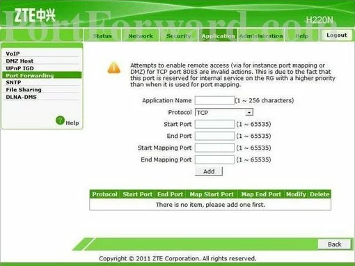 ZTE H220N port forward