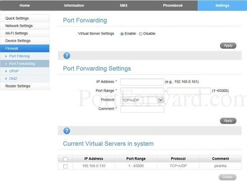 ZTE MF910V Port Forwarding