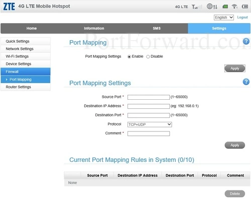 ZTE Z288L Port Mapping