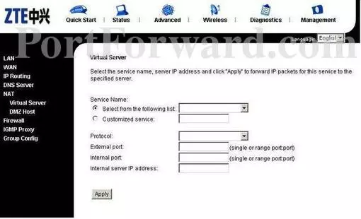 ZTE ZXDSL531B port forward