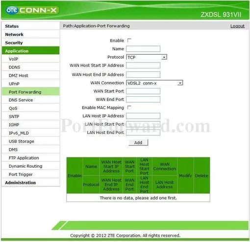 ZTE ZXDSL-931VII port forward