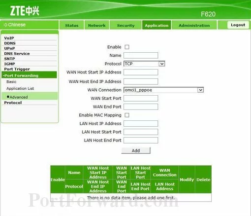 ZTE ZXHN_F620 port forward