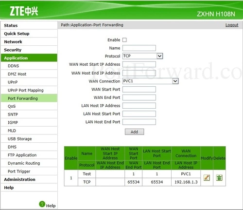 ZTE ZXHN H108N Port Forwarding