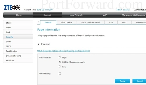 ZTE ZXHN H267N Firewall