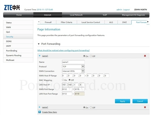 ZTE ZXHN H267N Port Forwarding Add