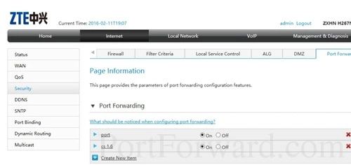 ZTE ZXHN H267N Port Forwarding