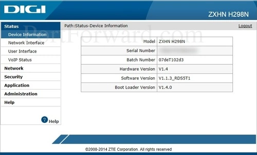 ZTE ZXHN H298N - DIGI Device Information