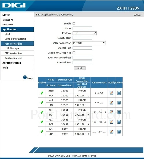 ZTE ZXHN H298N - DIGI Port Forwarding