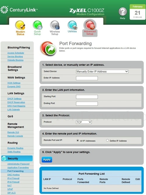 ZyXEL C1000Z Port Forwarding