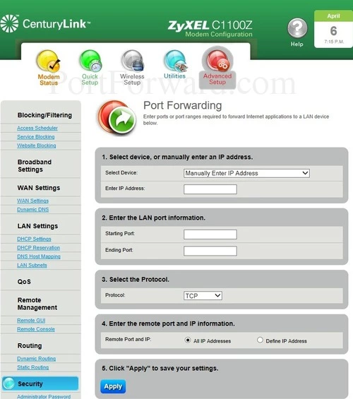 ZyXEL C1100Z Port Forwarding