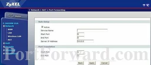 ZyXEL P-2602HW-D1A port forward