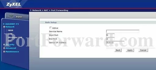 ZyXEL P-2602HWT-F3 port forward