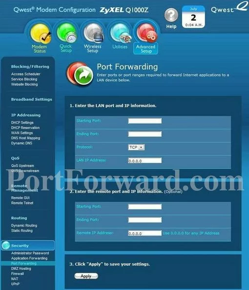 ZyXEL Q1000Z port forward