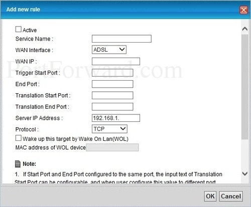 ZyXEL VMG3926-B10A Port Forwarding Add